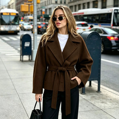 Manteau portefeuille mi-long épais d'hiver vintage à la française pour femme, avec lien à nouer, pardessus décontracté pour le travail