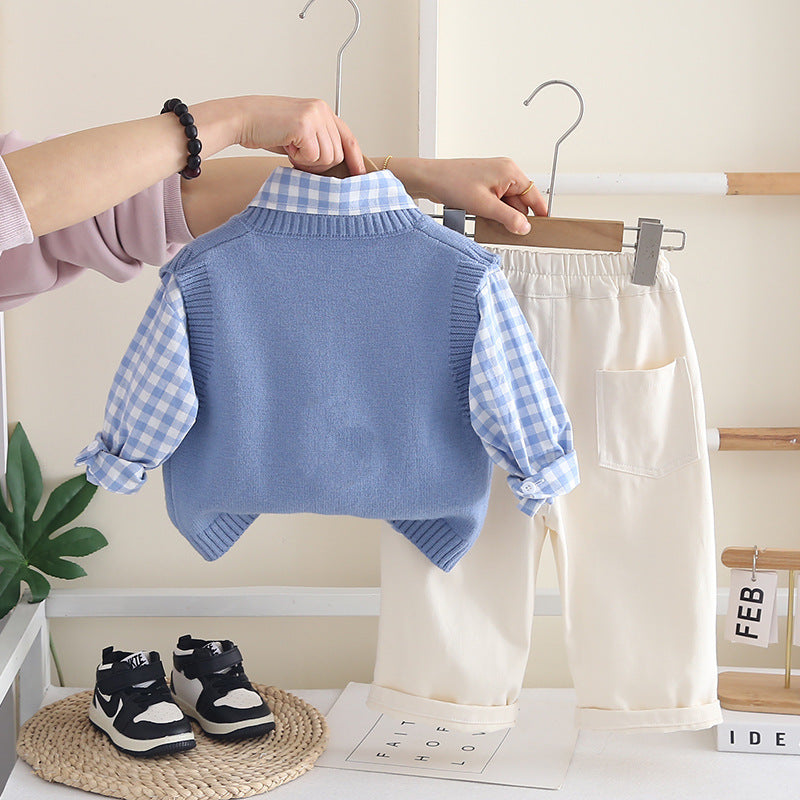 Boys Puppy Print Sweater Vest Shirt Pants Set Spring Autumn 0-4 Years Old