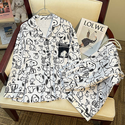 Ensemble de nuit à manches longues pour femme, pyjama assorti à motif cartoon