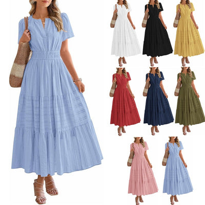Robe évasée col en V, manches bouffantes plissées