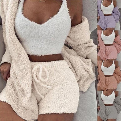 Ensemble pyjama femme 3 pièces, crop top débardeur à manches longues et short à cordon de serrage