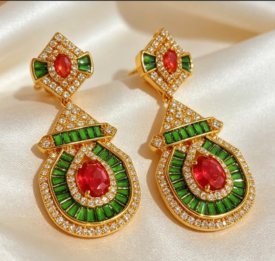 Gorgeous Vintage Palace Style Teardrop Design, Inlaid Vibrant Red And Green Zircon Stones