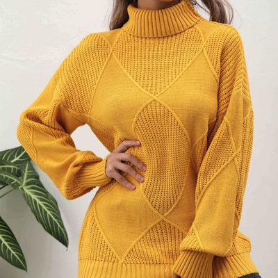 Pull col roulé en maille uni - pull ajusté à manches longues pour femme, tenue décontractée automne-hiver