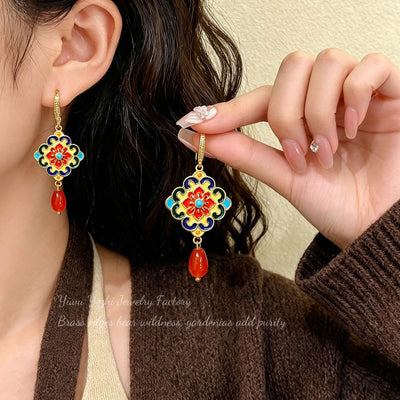 Boucles d'oreilles camélia vintage haut de gamme à la mode et à la personnalité unique, plaquées or véritable, émail coloré