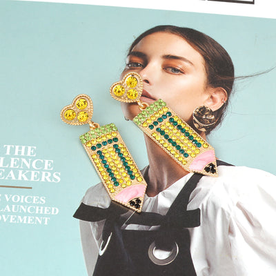 Cute Full Diamond Love Pencil Earrings With Personality And Temperament