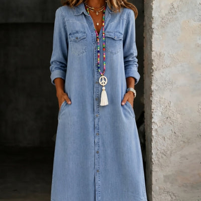 Women's Long-Sleeve Casual Denim Shirt Dress