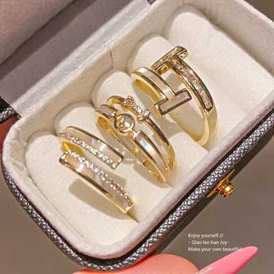 Bague ouverte double rang plaquée or véritable 14 carats, zircon et nacre, bague d'index simple et élégante, luxe accessible au rendu haut de gamme