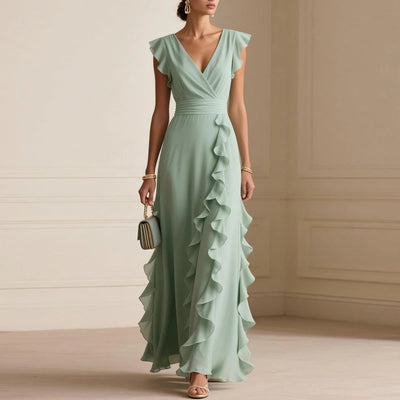 Elegant Ruffled Maxi Dress, Backless, V-Neck