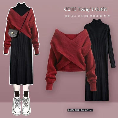 Loose Cross Dress Sweater Two-piece Suit
