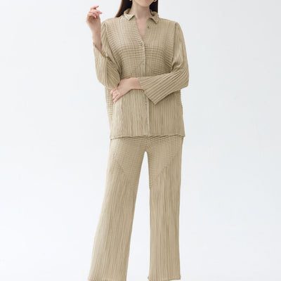 Women's Solid Color Long Sleeved Pleated Shirt Casual Straight Leg Pants Fashion Set