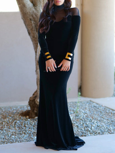Sheer Mesh High-Neck Velvet Column Maxi Dress