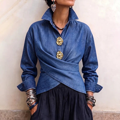 Women's Retro Floral-button Faux Denim Shirt