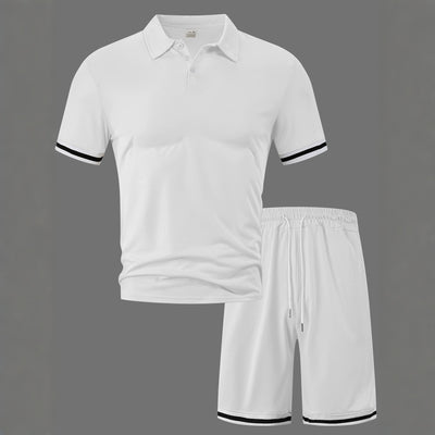 Men's Solid-Color Lapel Top And Drawstring Sports Shorts Two-Piece Set