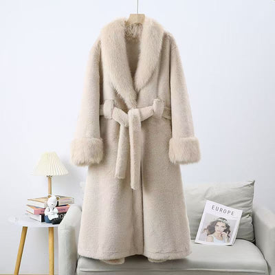 Manteau chaud épais ample au design patchwork cuir et fourrure