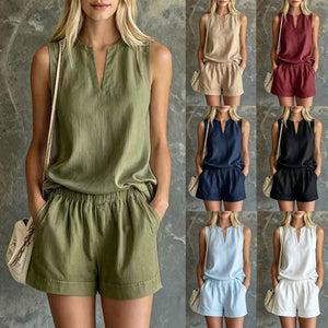 Casual Commuter Cotton-Linen V-Neck Sleeveless Top And Shorts Two-Piece Set