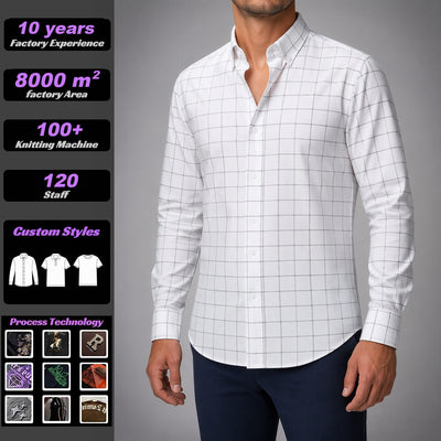 Cross-border Men's Long Sleeve 4-Way Stretch Digital Printed Plaid Spread Collar Polyester Casual Shirt