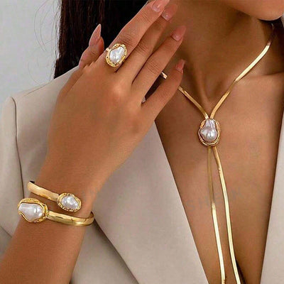 Cross-Border Baroque Pearl Jewelry Set, Popular Snake Bone Chain, Open Bracelet, Ring, Light Luxury Versatile Jewelry Wholesale
