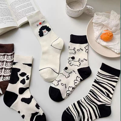 Women's Black And White Cartoon Mid-calf Length Loose Socks