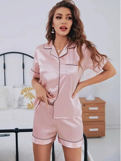 Satin Pajama Set, Button-Up Shirt and Shorts