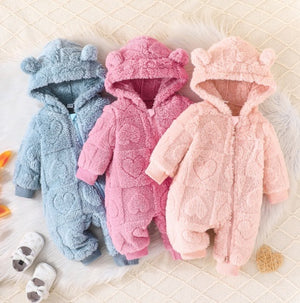 Cute Hooded Onesie With Heart Design, Long-sleeved Romper For Girls