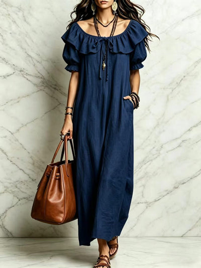 Robe longue à col volanté, manches courtes, poches