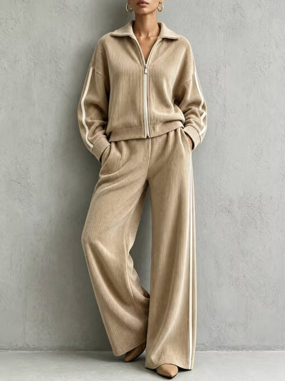 Cross-border European And American Women's Clothing For Autumn And Winter Corduroy Casual Two-piece Set With A Collared Zip-up Jacket And High-waisted Wide-leg Pants