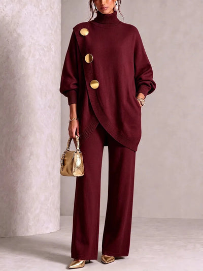 Women's Knitted Outfit, Elegant Commuter Turtleneck With Irregular Gold Buttons & Loose Wide Leg Pants 2 Piece Set