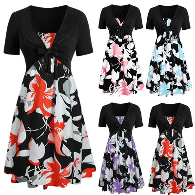V-neck Twisted Flower Short Sleeve Printed Irregular Dress