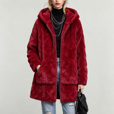Women's Fashionable Hooded Plush Warm Long Full-Zip Coat