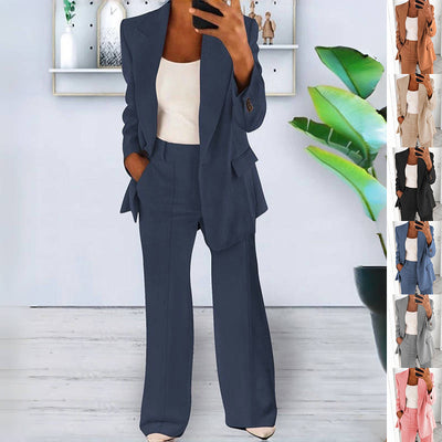 Ensemble décontracté boutonné style Ins, blazer à revers à manches longues tendance et pantalon cintré à poches pour femme