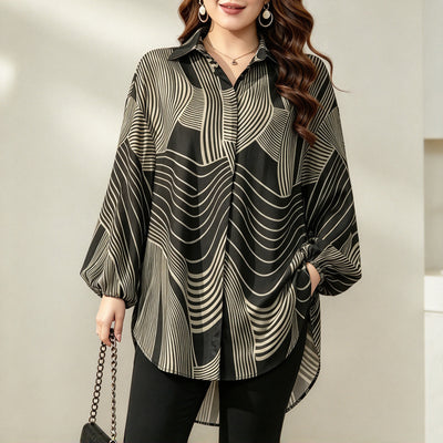 Blouse tunique grande taille pour femme en tissu tissé, col chemise, longues manches ballon, imprimé géométrique, ourlet asymétrique