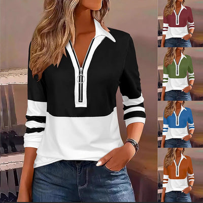 Fashion Casual Printed Lapel Zipper Long-Sleeve T-Shirt For Women