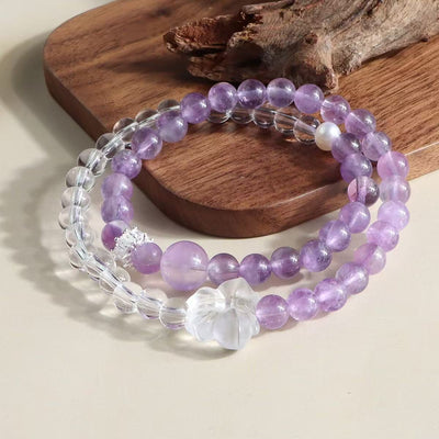 Natural Amethyst  Clear Quartz Bracelet Pearl Flower Pendant Double Layer Chain Wisdom Energy Jewelry For Women