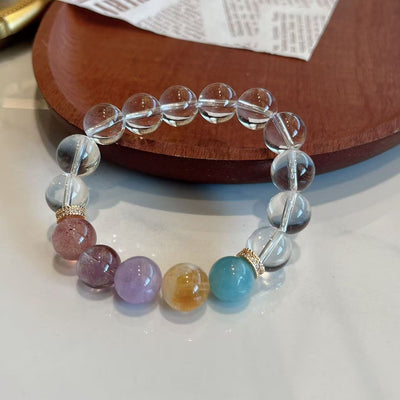 Natural Multi Gemstone Bracelet Aquamarine Golden Rutilated Quartz Amethyst Two Tone Beaded Chain Energy Jewelry For Women